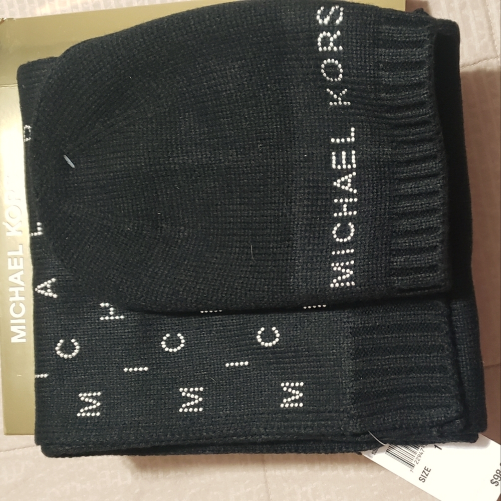 New Michael Kors hat and scarf with bling in box.